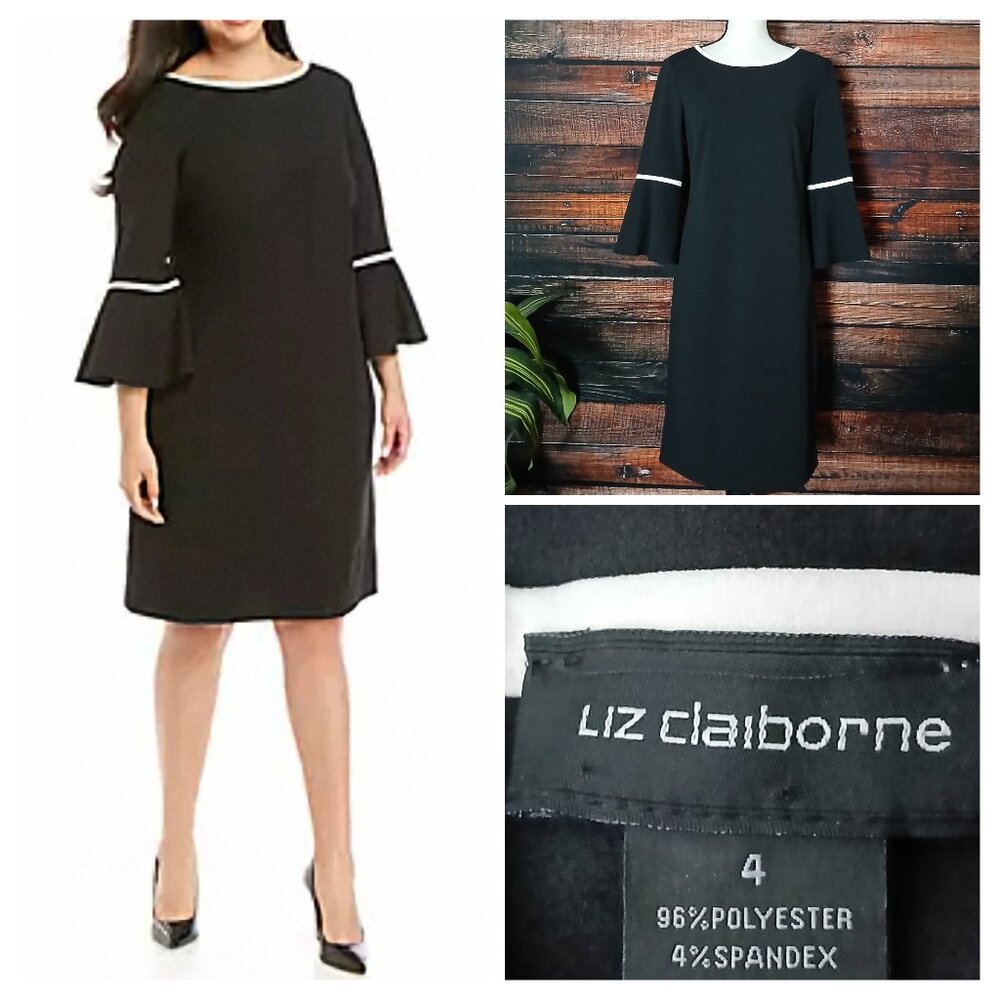 NWT Liz Claiborne Dress 4 Black Ivory Shift 3/4 Length Bell Sleeve Zip